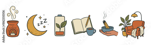 Hand-drawn self-care and relaxation icon collection featuring an aroma diffuser, sleeping moon, energy recharge battery, journaling notebook, and cozy armchair for mental wellness