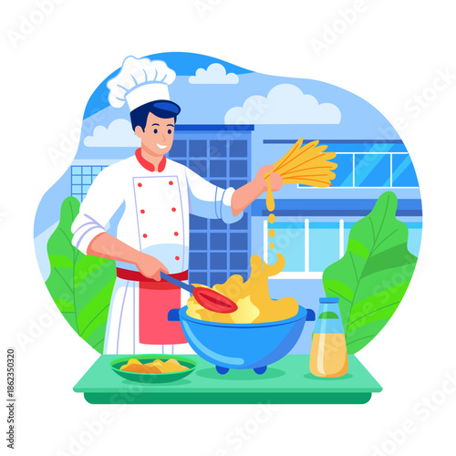 Flat style illustration representing a chef cooking food