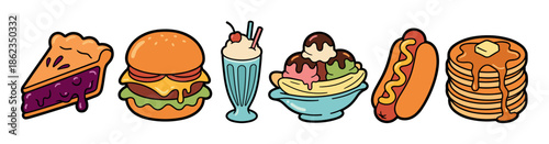 Collection of colorful cartoon diner food illustrations including a pie slice, burger, milkshake, banana split, hot dog, and pancakes, all drawn in a fun retro comic book style