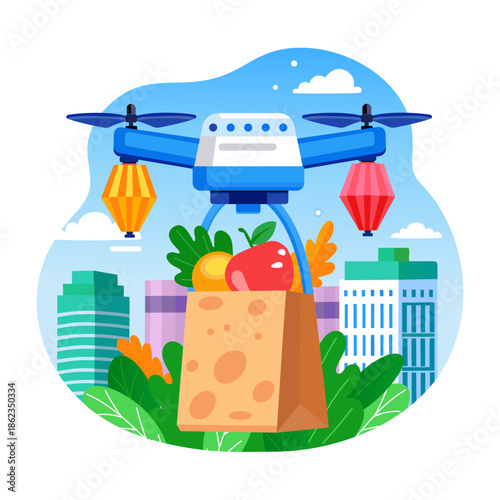 A flat style illustration showing a drone delivery