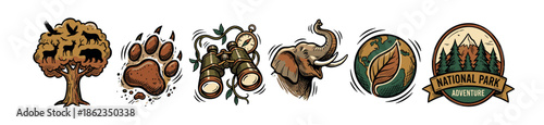 Collection of six hand-drawn illustrations featuring nature and adventure themes, including a wildlife tree, bear paw, binoculars, elephant, and a national park emblem in a retro style