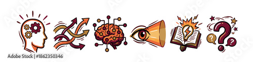Collection of hand-drawn doodle icons representing cognitive processes, creativity, and learning, featuring a brain with nodes, a head with gears, and a book with a lightbulb