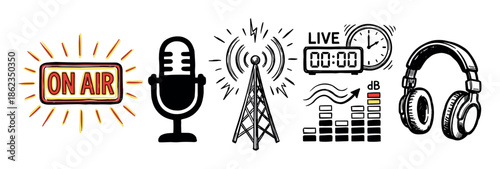 Hand-drawn radio and podcasting doodle icons including a vintage microphone, headphones, live on air sign, and transmission tower in a black and white sketch illustration