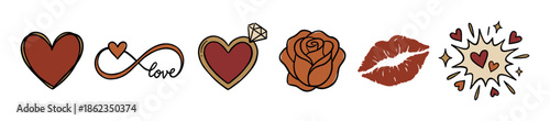 Set of romantic hand-drawn icons for Valentine's Day featuring a heart, infinity love symbol, rose, diamond ring, and lipstick kiss in a trendy, warm-toned doodle style