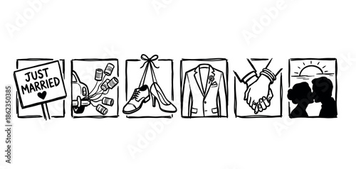 Hand-drawn wedding storyboard illustration showing six panels with romantic symbols like a just married sign, shoes, tuxedo, holding hands, and a kissing couple silhouette