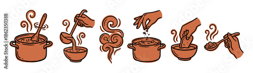 Set of hand-drawn cooking icons showing the process of making and eating hot soup, including stirring a pot, ladling into a bowl, seasoning, and dipping bread in a doodle style