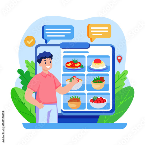 Flat style illustration representing a person ordering food