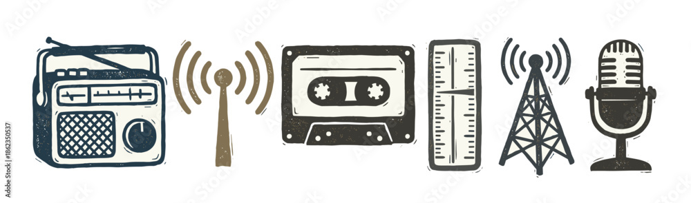 Fototapeta premium Set of vintage radio and audio icons including a receiver, cassette tape, broadcast tower, and microphone in a hand-drawn, textured linocut illustration style for media concepts
