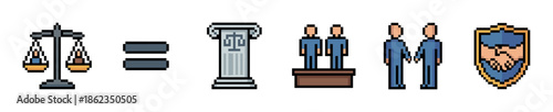 Collection of pixel art law and justice icons showing scales, a courthouse column, a witness stand, a handshake agreement, and a shield, all in a retro 8-bit video game aesthetic