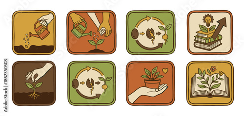 Set of eight growth concept icons showing plant life cycles, nurturing, and knowledge development in a retro, hand-drawn illustrative style with an earthy color palette