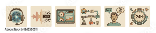 Set of six technology and business icons showing AI customer support, data analysis, automation workflow, user experience, and 24-hour service in a retro illustrative style