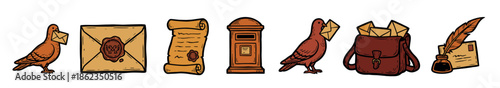 Set of vintage hand-drawn postal icons including a carrier pigeon, wax-sealed letter, scroll, postbox, mailbag, and quill pen in an inkwell illustration collection