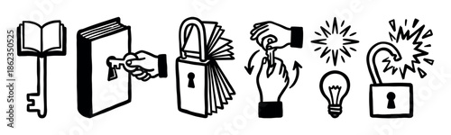Set of black hand-drawn icons representing the concept of unlocking knowledge, learning, and finding solutions with keys, books, and lightbulbs