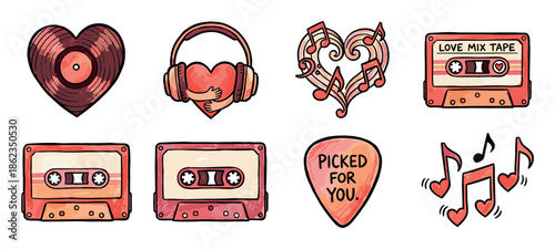 Set of hand-drawn romantic music icons featuring a heart-shaped vinyl record, cassette tape, and musical notes in a cute, retro doodle style for Valentine's Day
