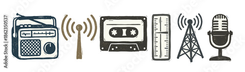 Set of vintage radio and audio icons including a receiver, cassette tape, broadcast tower, and microphone in a hand-drawn, textured linocut illustration style for media concepts