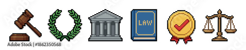 Pixel art law and justice icons set featuring a judge's gavel, laurel wreath, courthouse, law book, award medal, and balanced scales in a retro 8-bit video game style