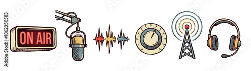 Set of hand-drawn radio broadcasting icons including a microphone, headphones, on air sign, sound wave, and antenna in a vintage, sketchy style for podcasting and media