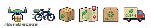 Set of eco-friendly delivery pixel art icons showing a drone, electric bicycle, truck, and recyclable packaging for sustainable logistics and green shipping concepts