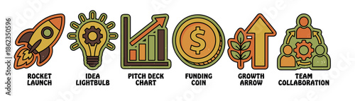 Set of six startup business icons representing launch, idea, funding, growth, and collaboration in a retro, hand-drawn vector illustration style with a distressed texture