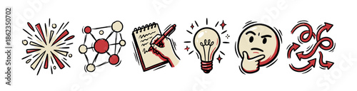 Set of six hand-drawn business icons representing brainstorming, creativity, planning, and problem-solving, featuring a lightbulb, mind map, and thinking face in a doodle style