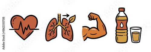 Four health and wellness doodle icons featuring a heart with a pulse, human lungs, a flexed bicep, and a sports drink, representing a healthy and active lifestyle