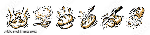 Hand-drawn bread making process icon set showing kneading dough, sifting flour, baking, scoring, slicing, and crumbling a loaf, presented in a vintage cartoon illustration style