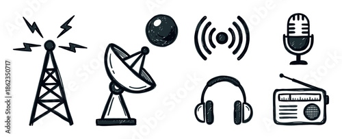 Set of hand-drawn radio communication icons featuring a broadcast tower, satellite dish, microphone, headphones, and receiver in a simple black and white doodle illustration style