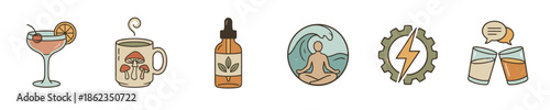 Set of six hand-drawn lifestyle icons featuring a cocktail, mushroom tea, dropper bottle, meditation, energy gear, and clinking glasses in a retro boho vector illustration style