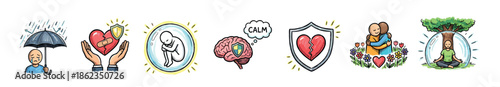 Set of colorful hand-drawn mental health icons illustrating emotional concepts like protection, healing, support, love, sadness, and mindful meditation for wellbeing