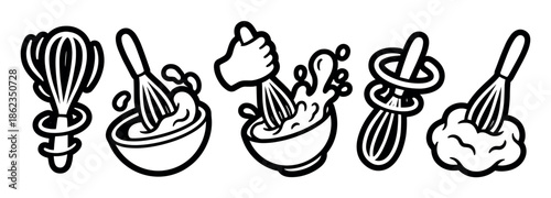 Set of six black line art icons showing a kitchen whisk mixing batter in a bowl, a hand whisking with splashes, and decorative swirls in a bold, graphic illustration style