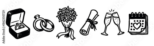 Hand-drawn black and white wedding icon set with a ring box, rose bouquet, marriage scroll, clinking champagne, and a calendar with a heart for a romantic celebration