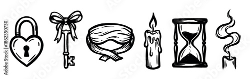 Hand-drawn black and white icon set with a heart lock, vintage key with a bow, blindfold, burning candle, hourglass, and smoke, rendered in a rough, graphic sketch style