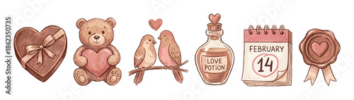 Set of vintage Valentine's Day illustrations featuring a teddy bear, lovebirds, chocolate box, calendar, and love potion in a charming hand-drawn sketch style for romantic designs
