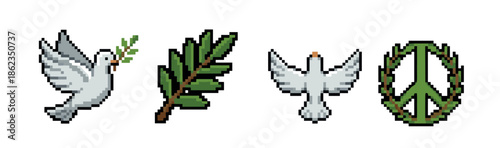 Set of pixel art peace symbols including a white dove with an olive branch, a flying pigeon, and a green leafy sign in a retro 8-bit video game style illustration