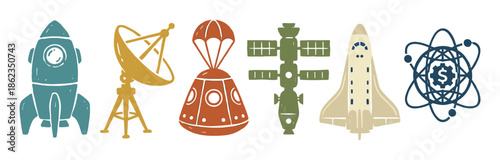Colorful set of space exploration icons with a rocket, satellite, capsule, station, and shuttle in a retro, textured linocut style for science and technology concepts