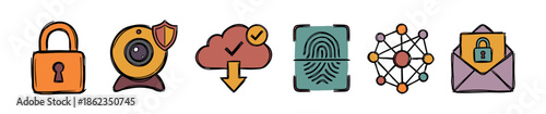 Set of colorful hand-drawn cybersecurity icons including a padlock, webcam with shield, secure cloud download, fingerprint, network, and encrypted email illustration