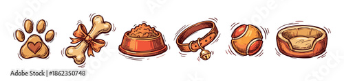 Set of hand-drawn dog accessories including a paw print, bone, food bowl, collar, ball, and bed, illustrated in a warm, vintage sketch style with detailed line work
