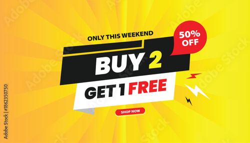 Buy 2 get 1 free banner editable template design with Black & White shapes with hot yellow background vector illustration design for your business