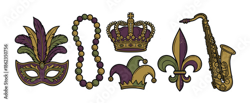 Mardi Gras carnival celebration symbols set including a feathered mask, beads, crown, jester hat, fleur-de-lis, and saxophone in a vintage illustration style with a distressed texture