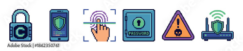 Set of pixel art cybersecurity icons featuring a padlock, smartphone, fingerprint scanner, safe, warning sign, and router for digital protection concepts in a retro 8-bit style