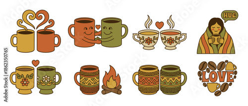 Charming set of retro coffee mug illustrations in a groovy 70s style, featuring cute characters, romantic hearts, and cozy autumn elements for a warm, loving vibe
