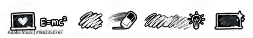 Set of hand-drawn education icons shows a conceptual sequence of learning, from a chalkboard with a heart to a formula, eraser, lightbulb, and a clean board in a doodle style