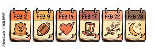 Set of six hand-drawn February calendar pages illustrating various holidays with cute icons like a groundhog, football, heart, patriotic hat, cherry blossom, and moon