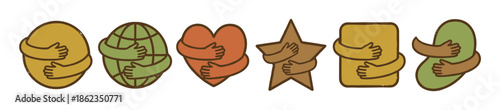 Collection of illustrated diverse shapes including a globe, heart, and star being hugged by arms in a retro, hand-drawn style representing love, care, and acceptance