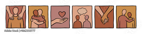 Set of six hand-drawn illustrations depicting human connection, love, and support with diverse, faceless characters hugging, holding hands, and communicating in a warm color palette