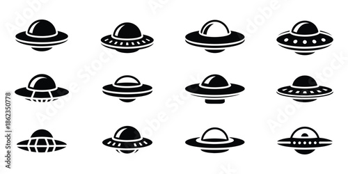 UFO vector icon collection on white background, featuring flying saucers, alien spacecraft, science fiction symbols, outer space illustration, futuristic design, and professional graphic design resour