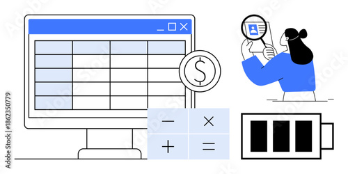 Financial data analysis. Financial visuals include a spreadsheet interface for calculations, a dollar icon, and identity verification tools. Financial use for budgeting, accounting, analysis