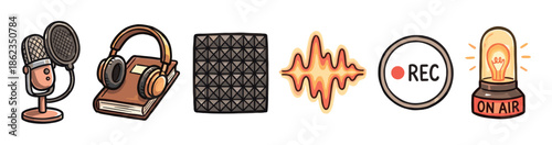 Collection of hand-drawn audio recording icons featuring a studio microphone, headphones on a book, acoustic foam, a waveform, a record button, and an on air sign in a retro style
