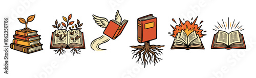 Set of six conceptual book illustrations representing knowledge, growth, imagination, and wisdom in a warm-toned, hand-drawn doodle style for educational or literary themes