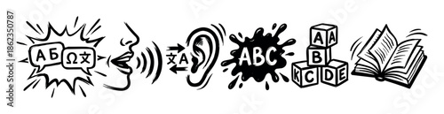 Hand drawn black and white icons set illustrating language learning, translation, communication, speaking, listening, and reading concepts with symbols like alphabets, books, and speech bubbles